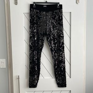 Express sequin black high rise leggings, size Small
